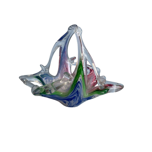 Murano Glass Basket Multicolor Swirled Design Decorative Art Glass 5" X 4.5" Handcrafted Italy