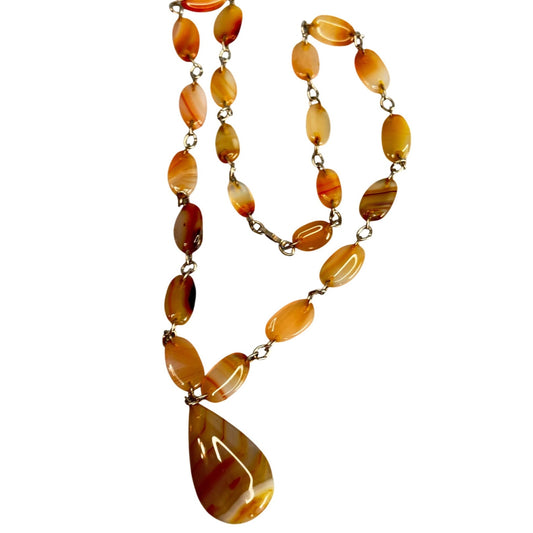 Vintage Carnelian Agate Necklace with Teardrop Pendant Hand Cut Gemstone Beads