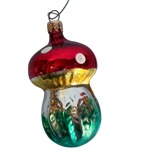Vintage Blown Glass Red & Green Polka Dot Classic Mushroom Ornament 3" Columbia