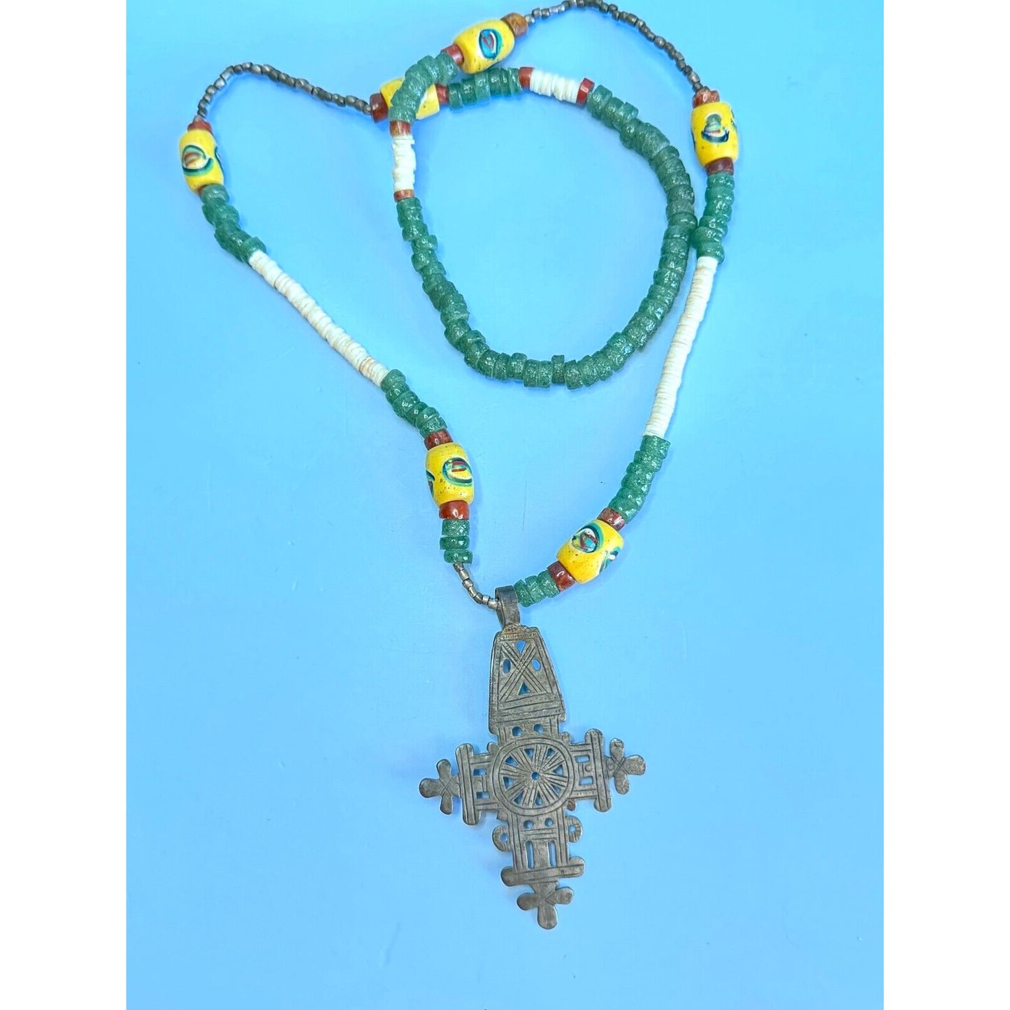 Antique African Trade Bead Necklace Chrysoprase Eye Heshi Ethiopian Cross