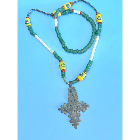Antique African Trade Bead Necklace Chrysoprase Eye Heshi Ethiopian Cross