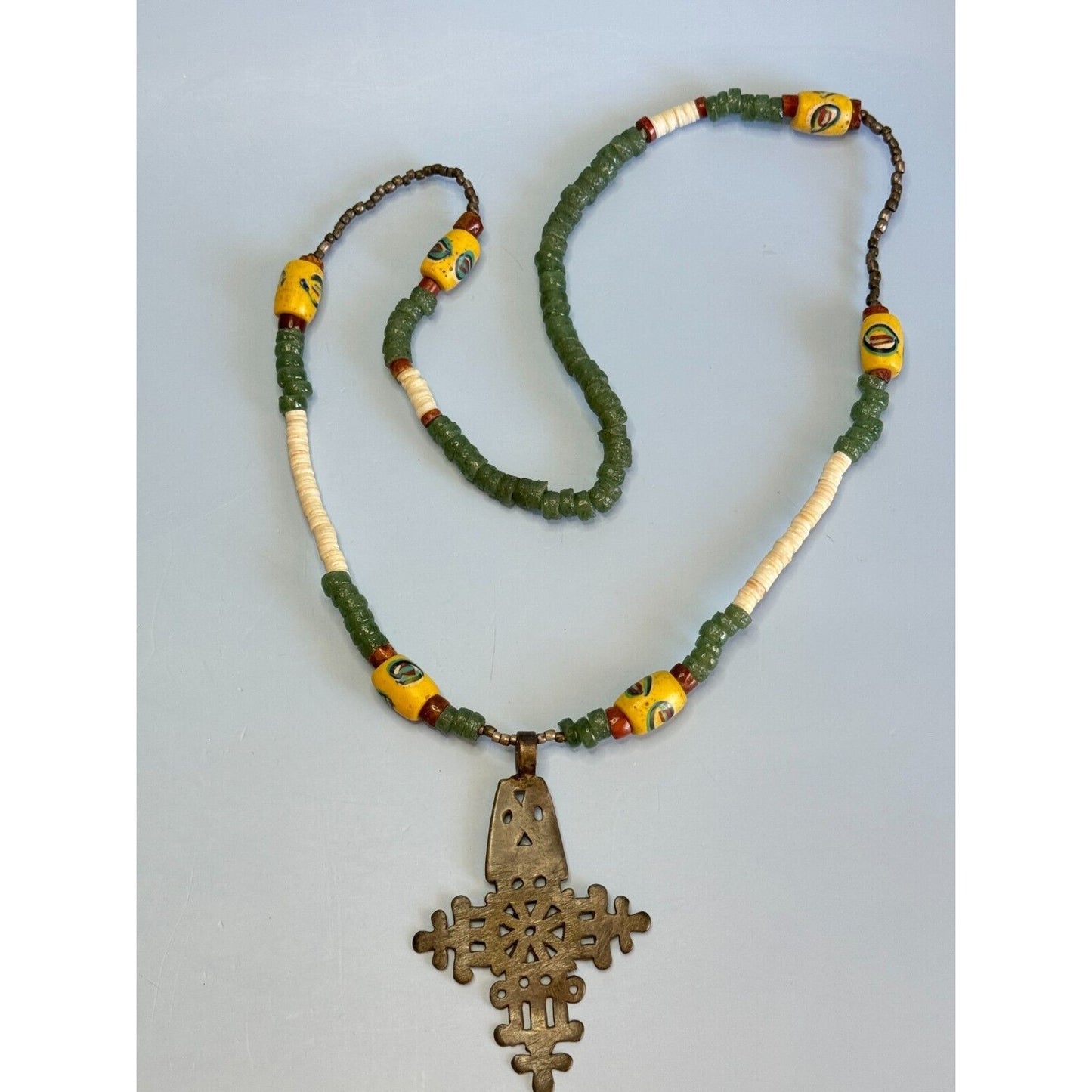 Antique African Trade Bead Necklace Chrysoprase Eye Heshi Ethiopian Cross