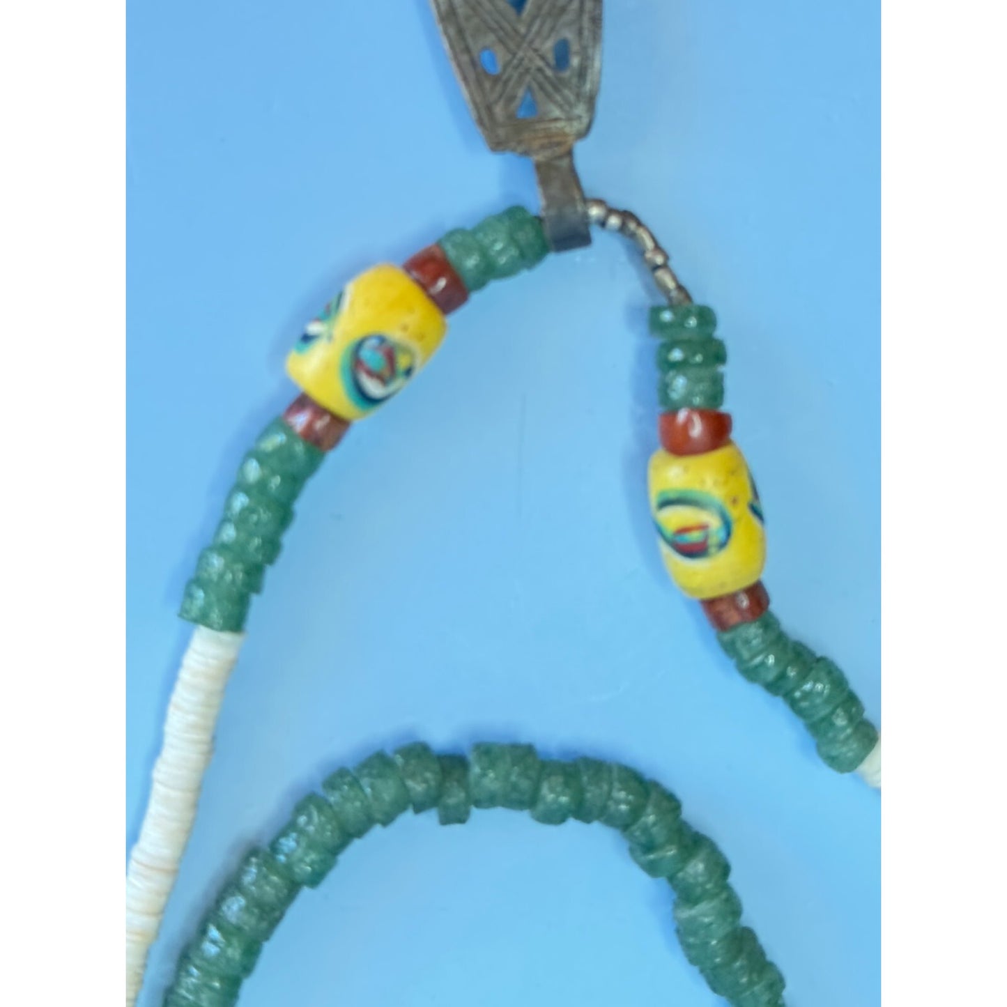 Antique African Trade Bead Necklace Chrysoprase Eye Heshi Ethiopian Cross