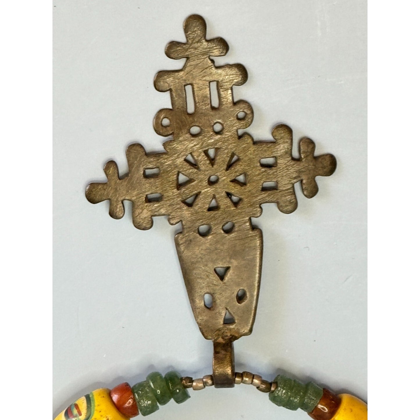 Antique African Trade Bead Necklace Chrysoprase Eye Heshi Ethiopian Cross
