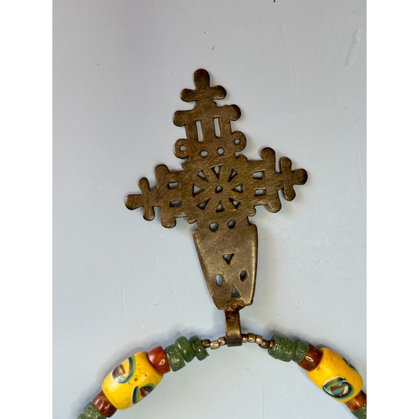 Antique African Trade Bead Necklace Chrysoprase Eye Heshi Ethiopian Cross