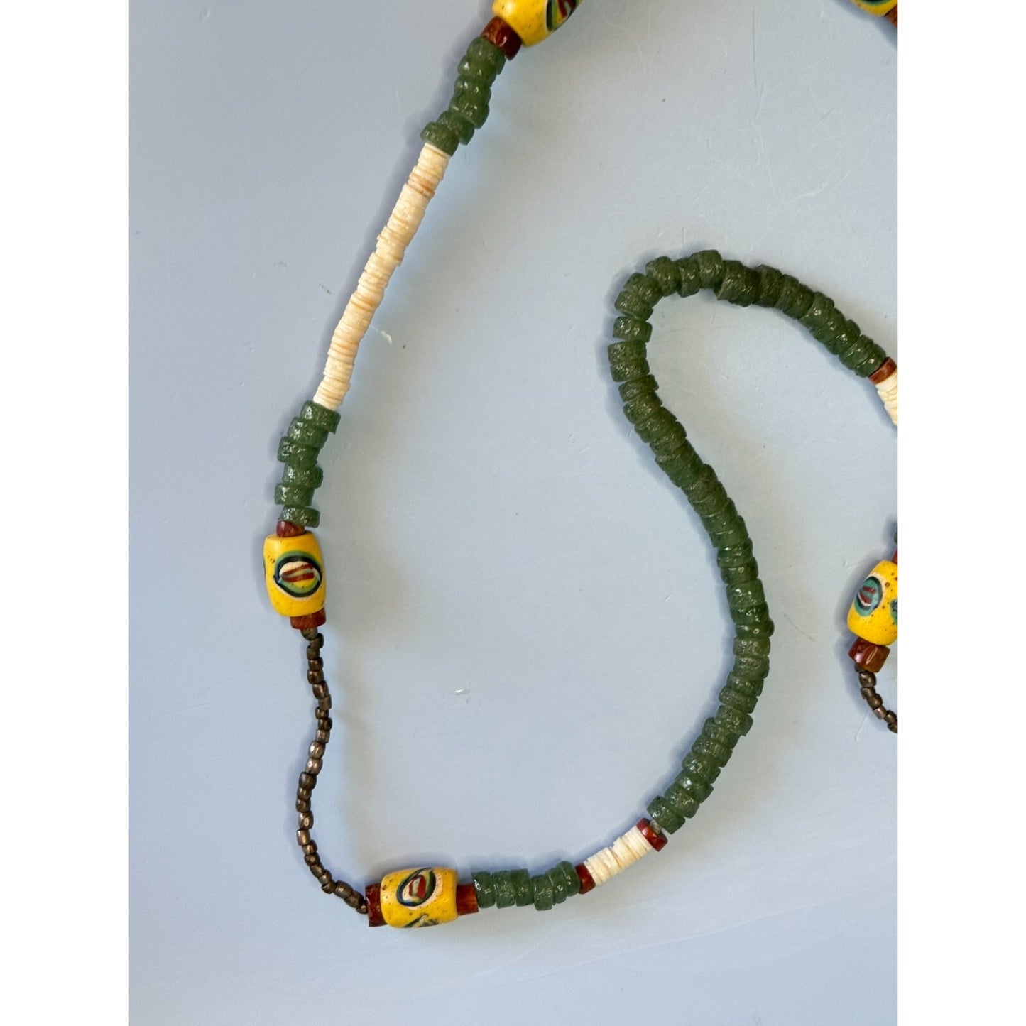 Antique African Trade Bead Necklace Chrysoprase Eye Heshi Ethiopian Cross