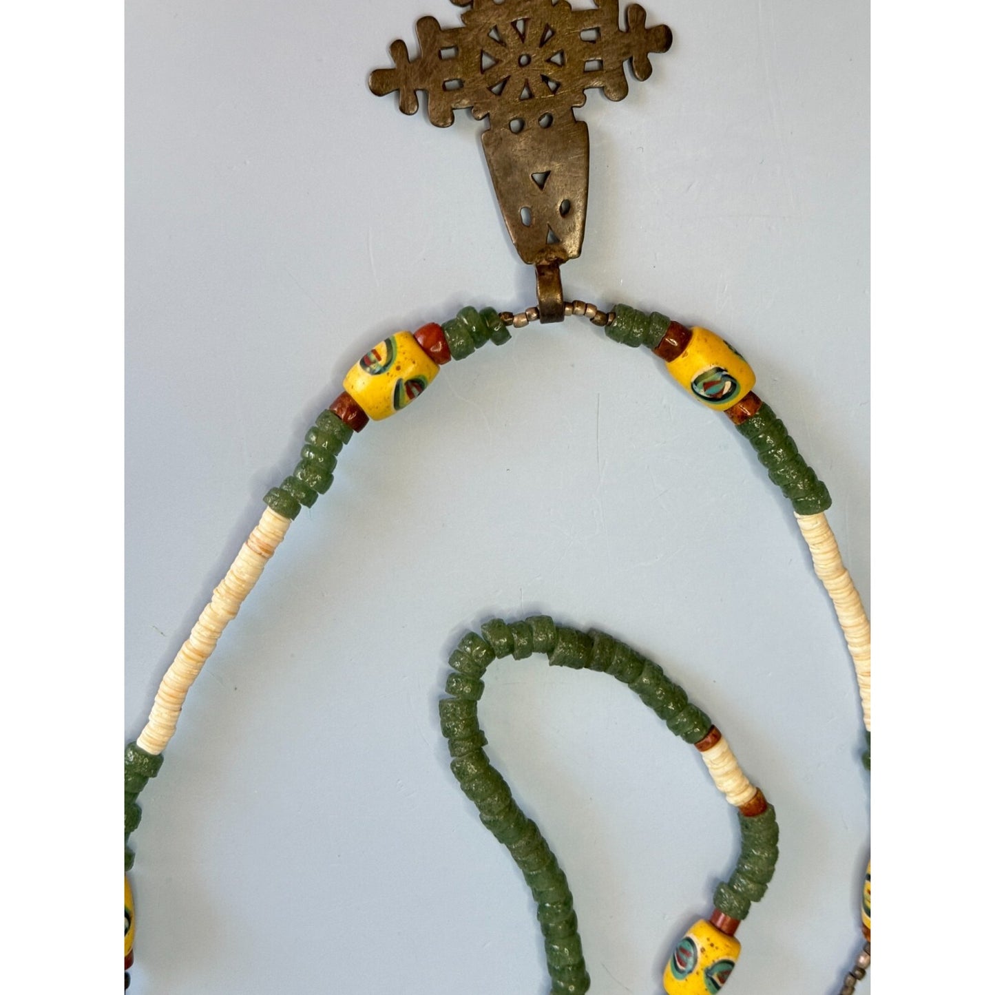 Antique African Trade Bead Necklace Chrysoprase Eye Heshi Ethiopian Cross