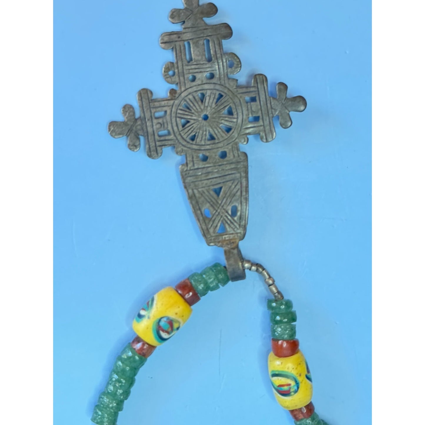 Antique African Trade Bead Necklace Chrysoprase Eye Heshi Ethiopian Cross