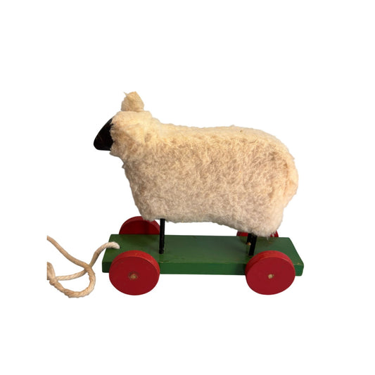 Vintage Pull Toy Sheep Wool Wooden Red Green Wheels 10 In Long 8 In High