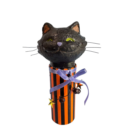 Black Cat Halloween Candy Container Paper Mache Folk Art 7 3/4" Tall By Seasons Of Canon Falls