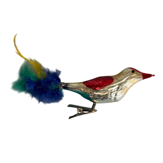 Vintage German Glass Clip-On Songbird Ornament Feather Tail Multicolor 6 Inch