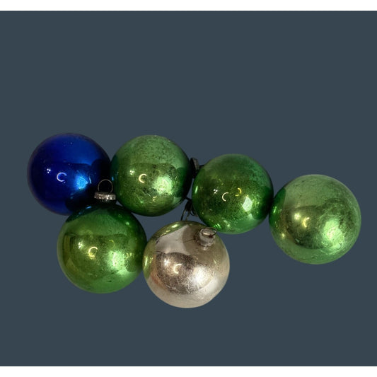 Set Of 6 Vintage Mercury Glass Christmas Ornaments Blue Green Silver 1.5 Inch