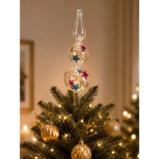 Czech Republic Hand Painted Glass Christmas Tree Topper Gold Swirl Stars 12"