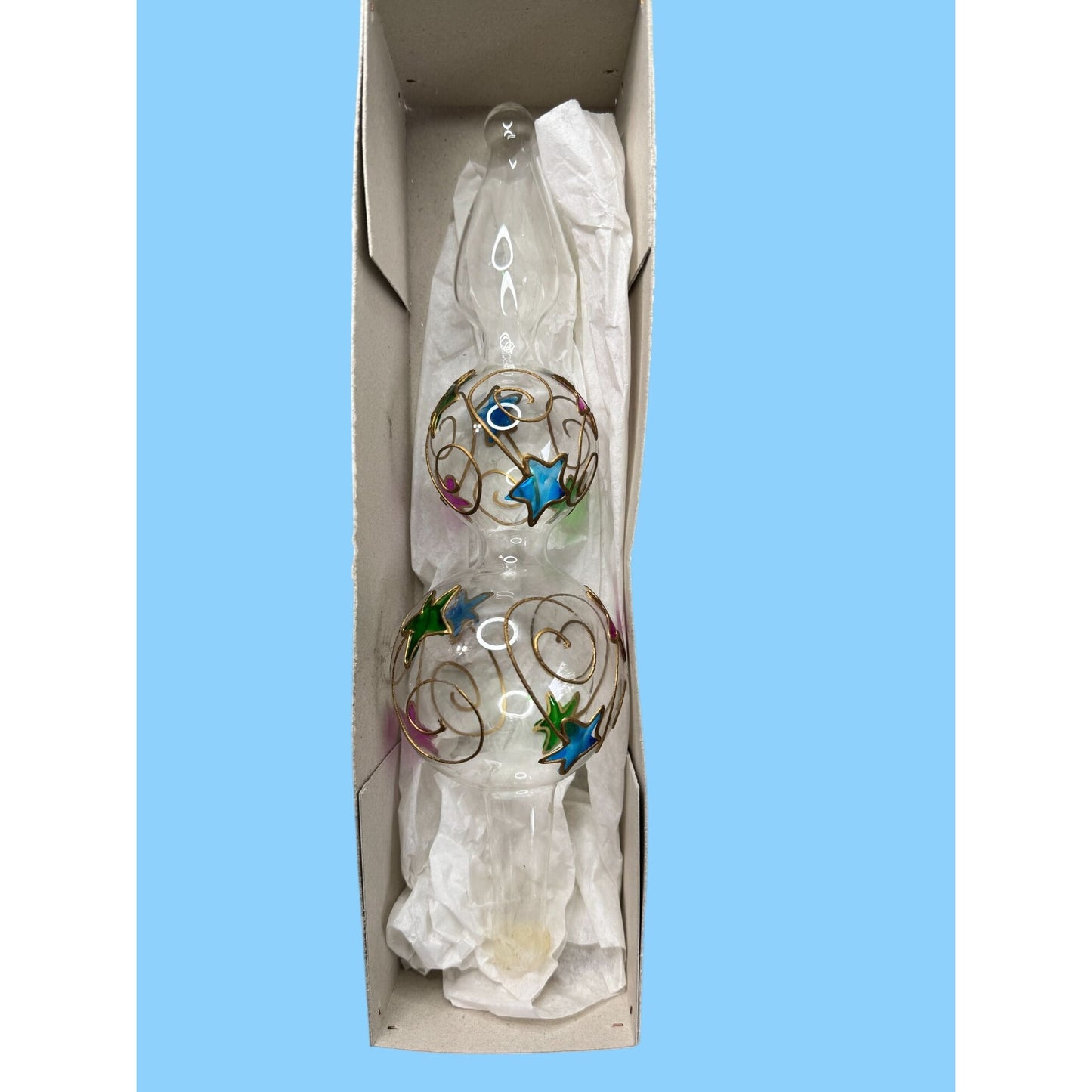 Czech Republic Hand Painted Glass Christmas Tree Topper Gold Swirl Stars 12"