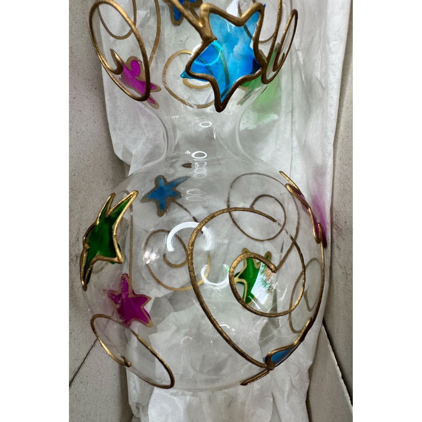 Czech Republic Hand Painted Glass Christmas Tree Topper Gold Swirl Stars 12"