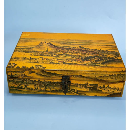 Vintage Wooden Box With Scenic Landscape Print Floral-Lined Interior Locking Clasp Signed Creative Hands 1969 12" x 7" x 3"