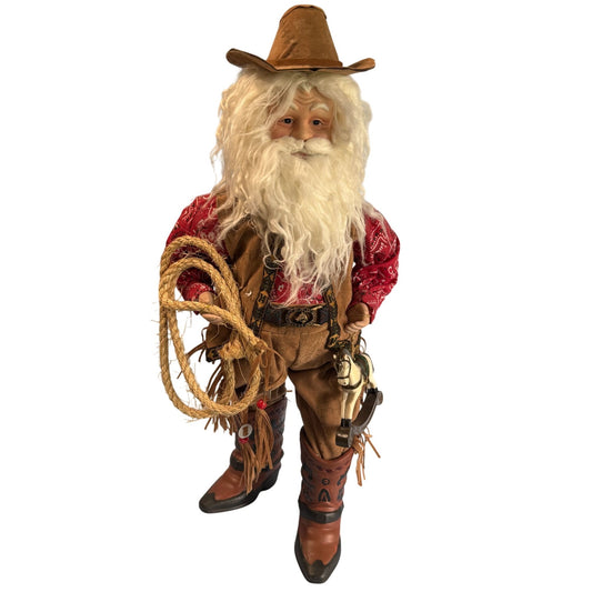 Vintage Cowboy Santa Western Decor 19" With Rope & Rocking Horse