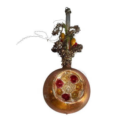 Antique German Victoria Double Indented Wired Wrapped Ornament 7" Glass With Vibrant Red & Gold Accents