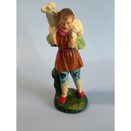 Midcentury Paper Mache Shepherd Figurine Japan 5.5" Multicolor Handmade