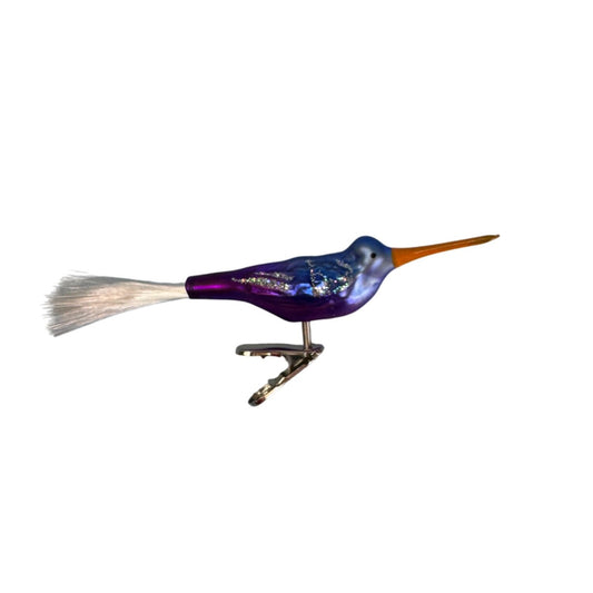 Blown Glass Hummingbird Clip Ornament Purple Blue Orange Spun Glass Tail 5.5 In