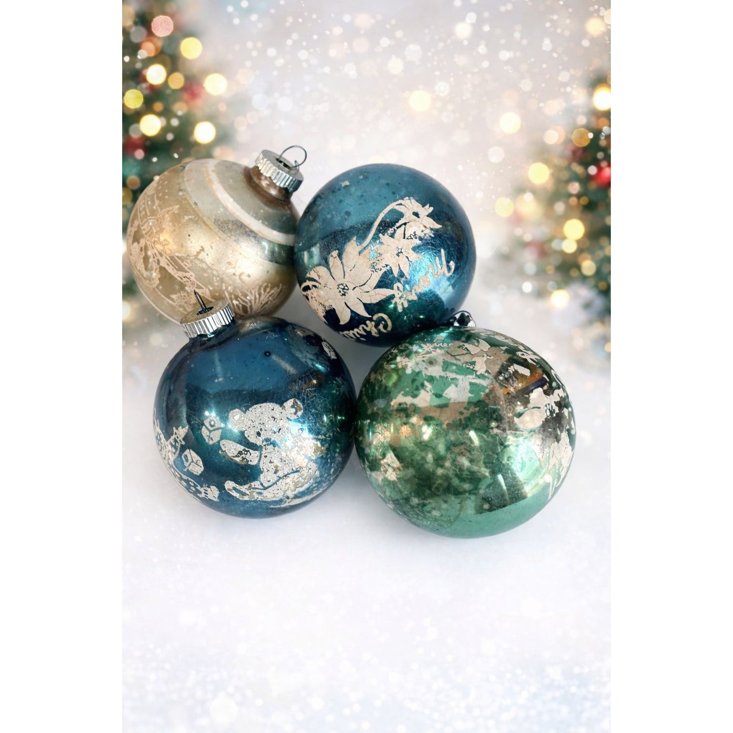 Shiny Brite Vintage MCM 4" Large Glass Ornaments Lot Of 4 Stenciled Christmas