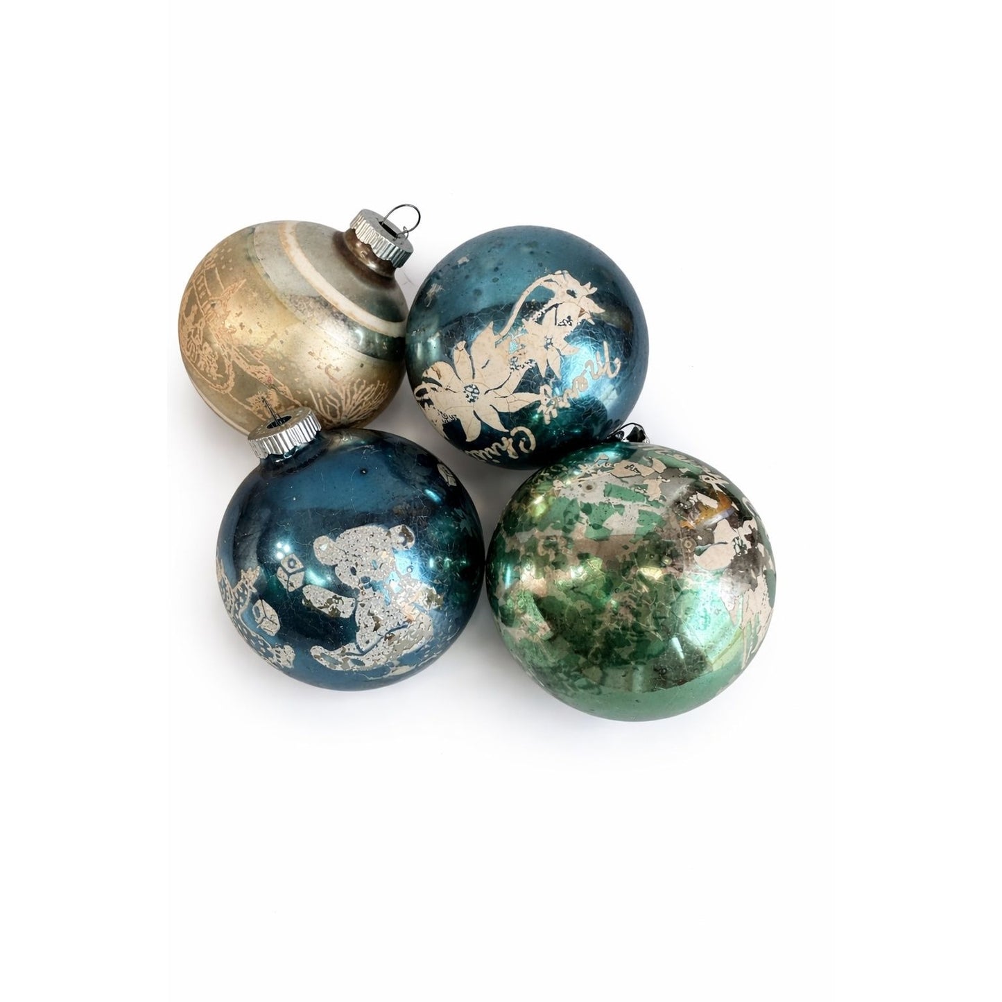 Shiny Brite Vintage MCM 4" Large Glass Ornaments Lot Of 4 Stenciled Christmas