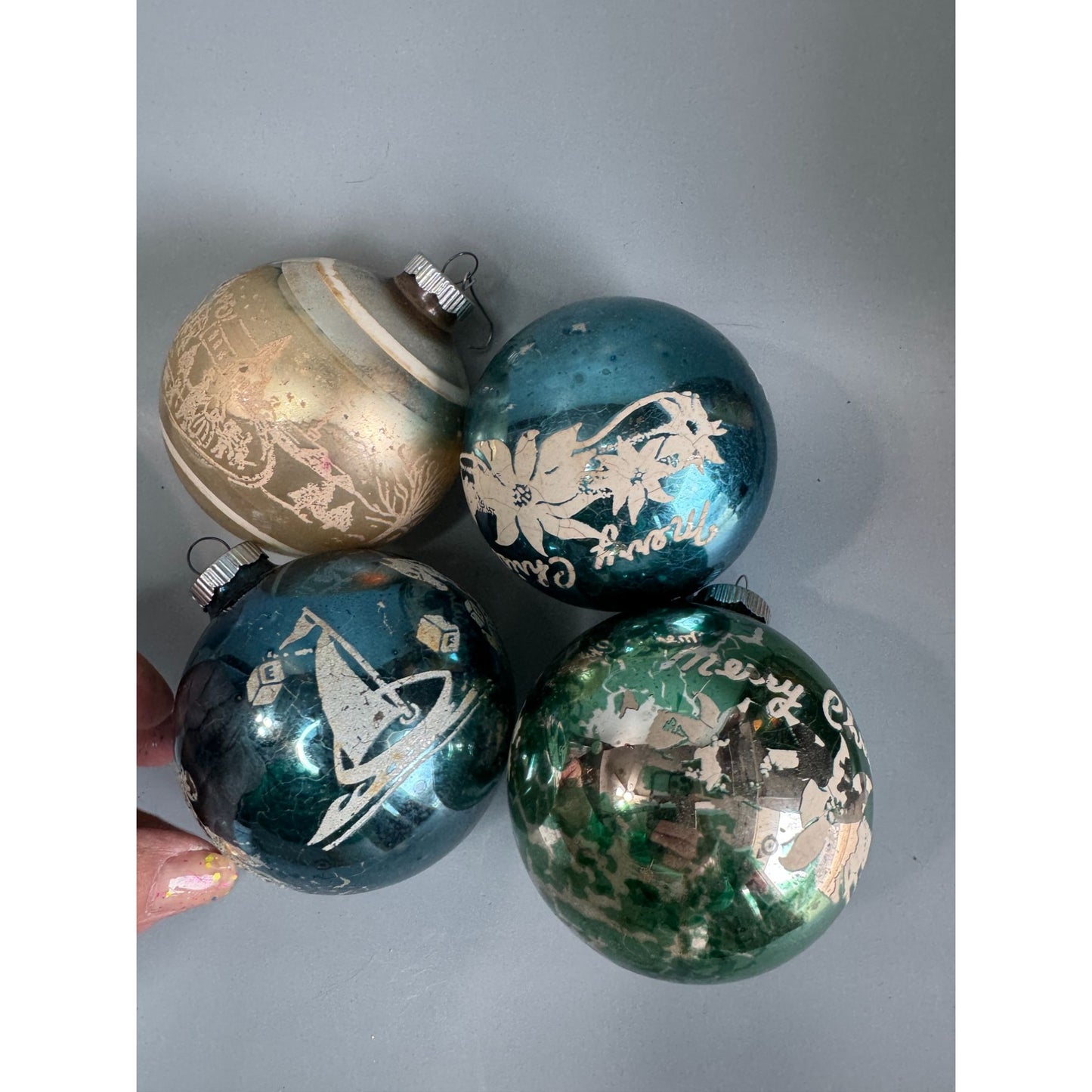 Shiny Brite Vintage MCM 4" Large Glass Ornaments Lot Of 4 Stenciled Christmas