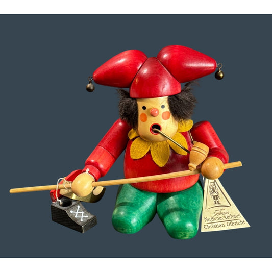 Christian Ulbricht Jester Smoker Woodcarver Rare Seiffen Germany 7" 9 1/2 w/Tags