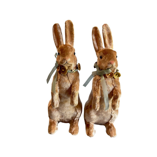 Pair Vintage Velvet Standing Rabbits Glass Eyes Pink Ribbons Canon Falls 8"