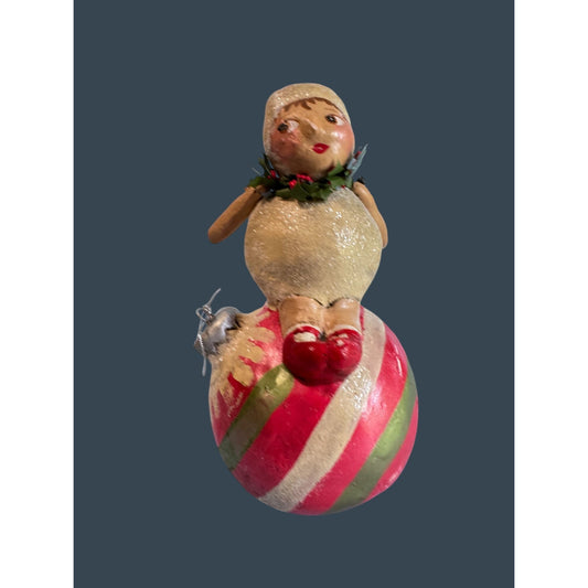2004 Penny Mcallister Paper Mache Girl on Ornament Christmas Figurine Folk Art