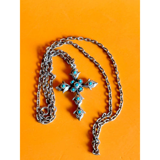 Vintage Southwestern Silverplate Turquoise Filigree Cross Necklace