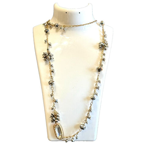 So Sparkly Faceted Silver Metallic AB Beads Necklace With CZ Crystal Accent 34"