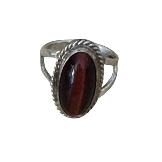Bulls Eye Tigers Eye Oval Stone Sterling Silver Ring Size 5 Vintage Unmarked