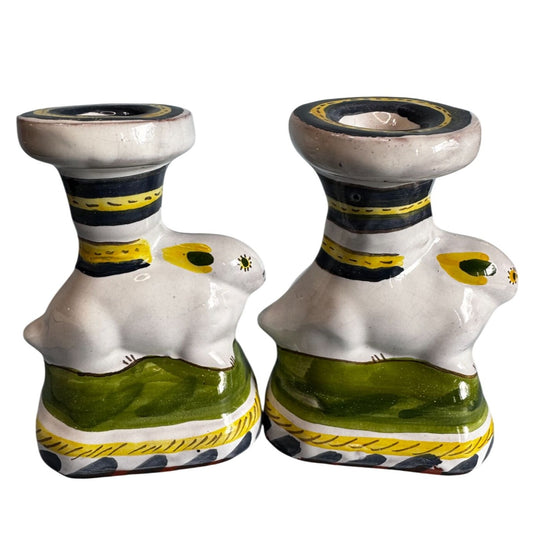Italian Deruta Rabbit Candlestick Holders White Green Yellow Ceramic 5"