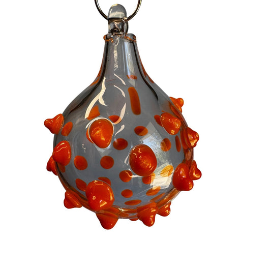 Blown Art Glass Ornament Clear Raised Orange Dots 3" Handcrafted Glass Piece