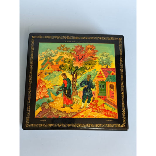 Russian Black Lacquer Trinket Box With Hand-Painted Folk Scene & Red Interior 6.5" Square
