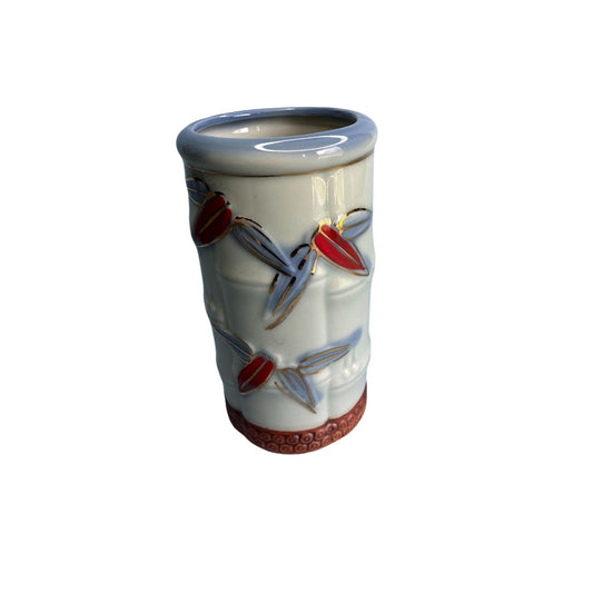 Handcrafted Ceramic Bamboo-Inspired Vase With Red & Gold Dragonfly Design Japan