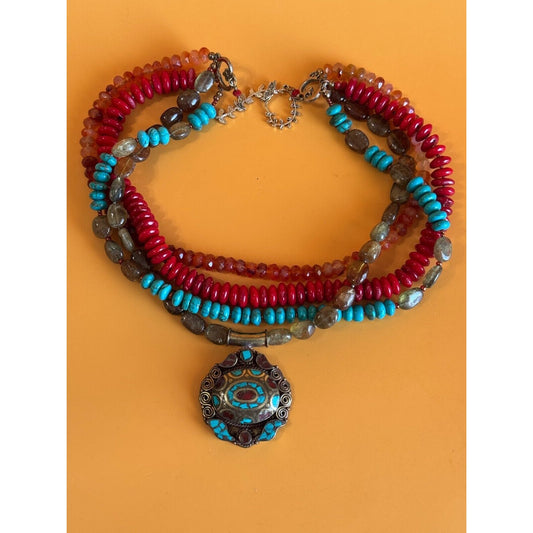 Southwestern Tribal Blue Howlite Red Orange Sage Quartz Beaded Necklace 17"