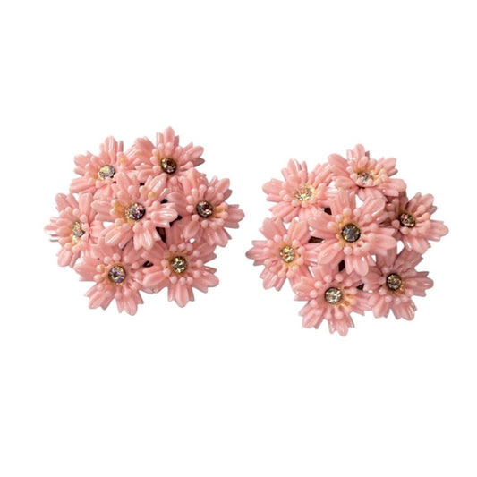 Vintage Coro Pink Celluloid Flower Rhinestone Clip-On Earrings Signed 2"
