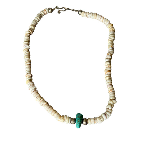 Old Southwestern Puka Oyster Shell Necklace Turquoise Accent & Sterling Silver