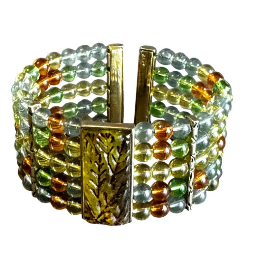 Vintage Monet Multistrand Glass Bead Bracelet With Glass Leaf Center 7" Designer