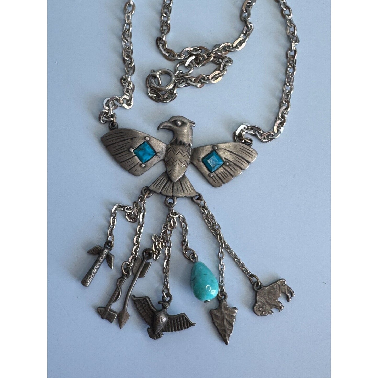 Vintage Park Lane Block Turquoise Tribal Charm Peyote Bird Southwestern Necklace