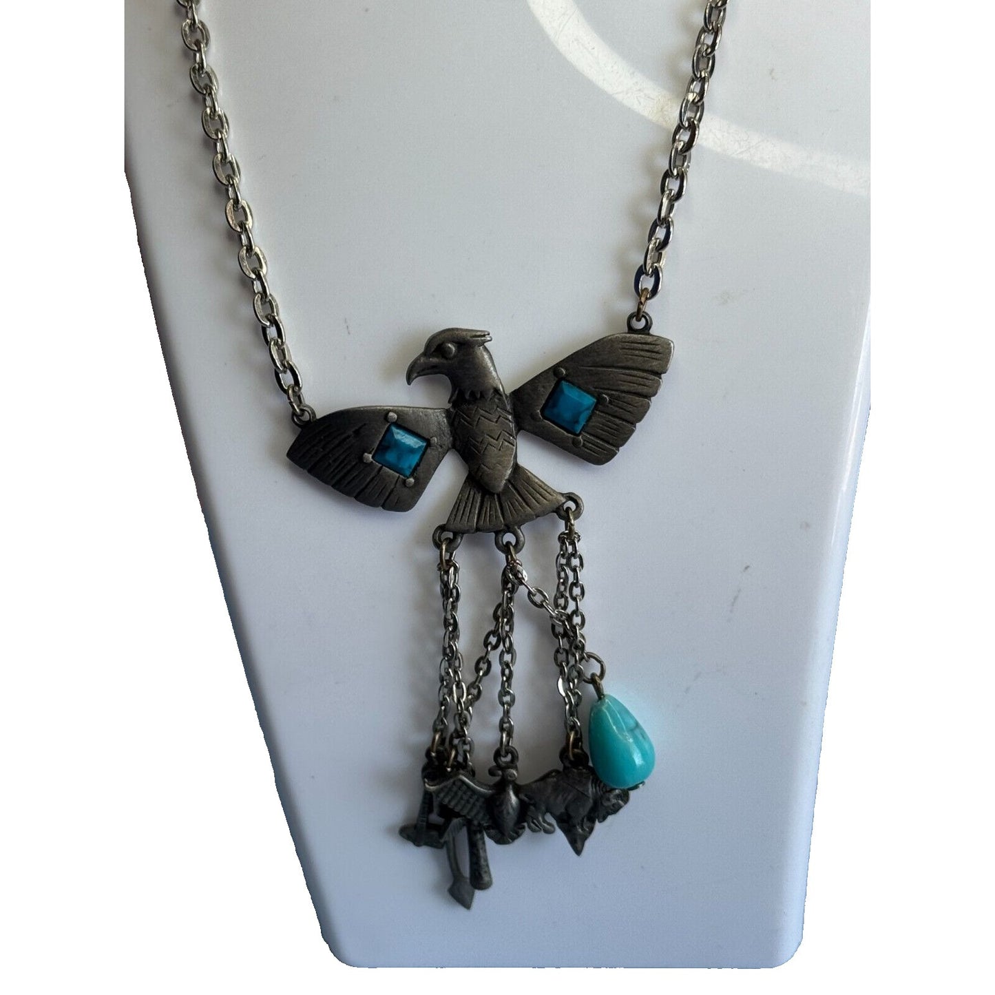 Vintage Park Lane Block Turquoise Tribal Charm Peyote Bird Southwestern Necklace