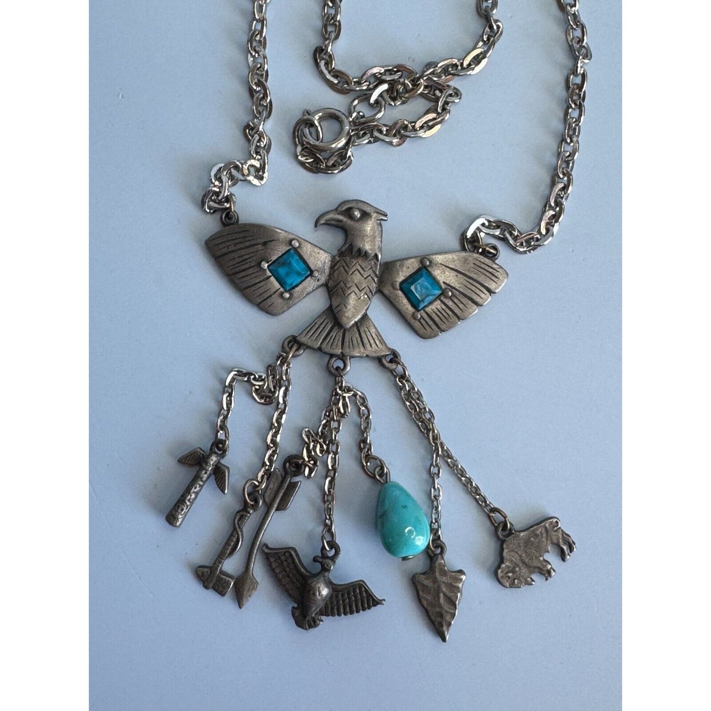 Vintage Park Lane Block Turquoise Tribal Charm Peyote Bird Southwestern Necklace
