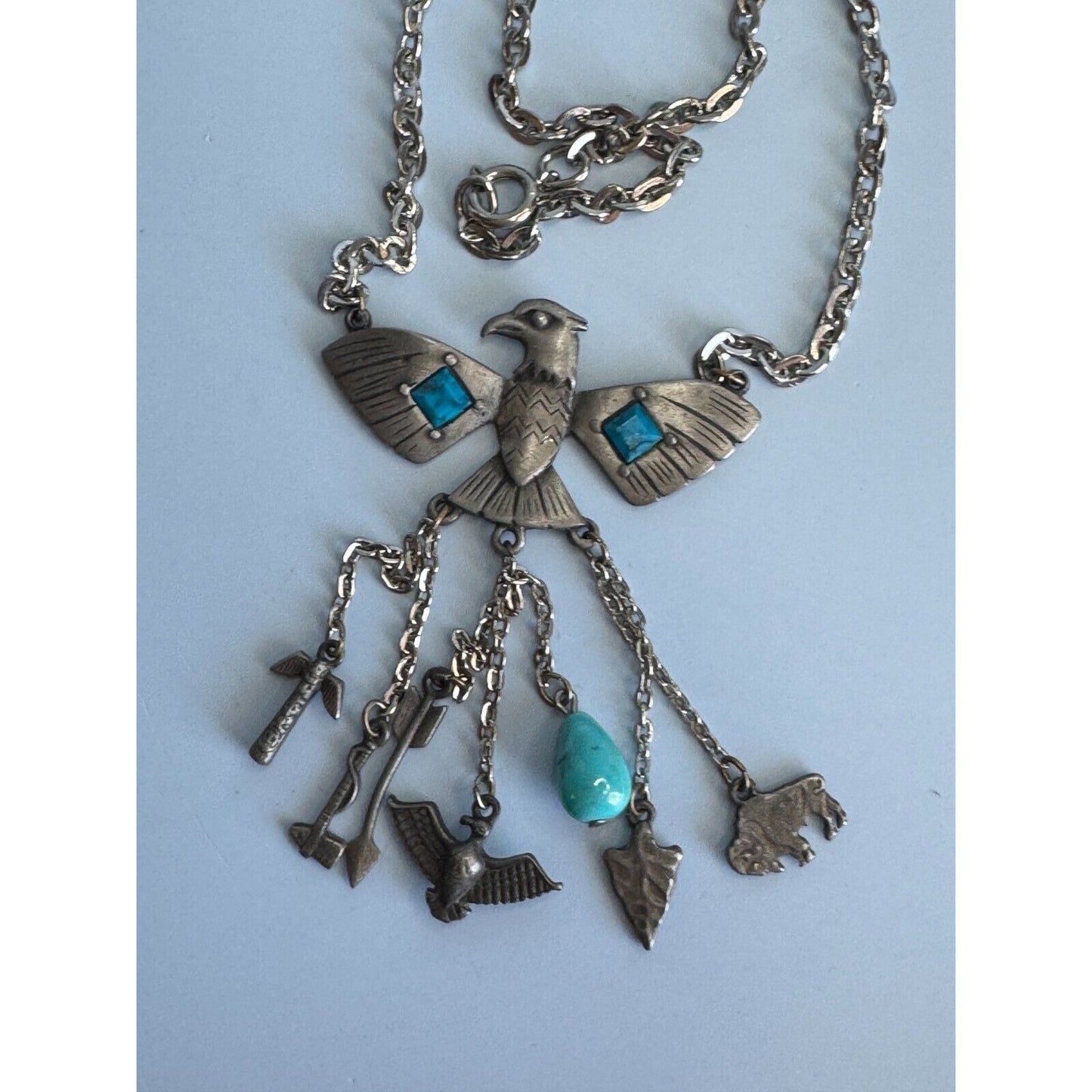 Vintage Park Lane Block Turquoise Tribal Charm Peyote Bird Southwestern Necklace