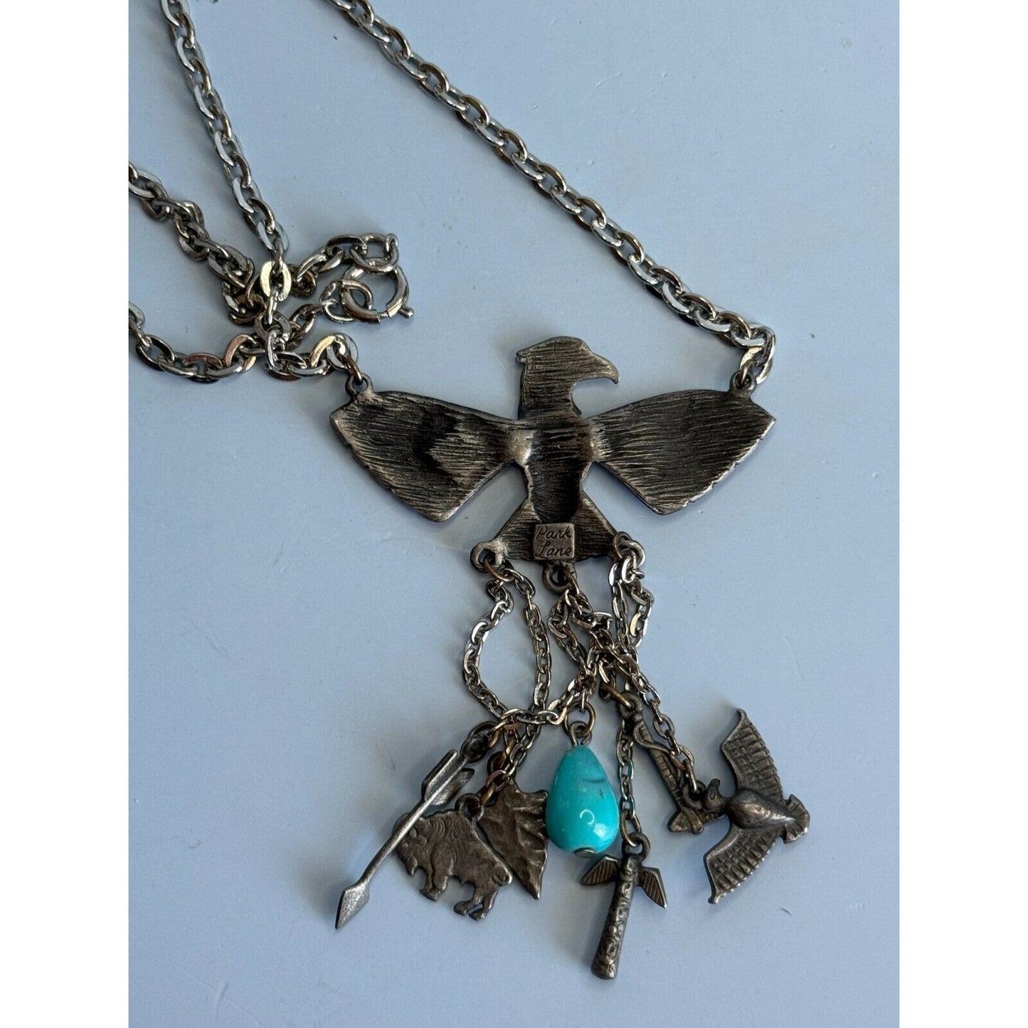 Vintage Park Lane Block Turquoise Tribal Charm Peyote Bird Southwestern Necklace