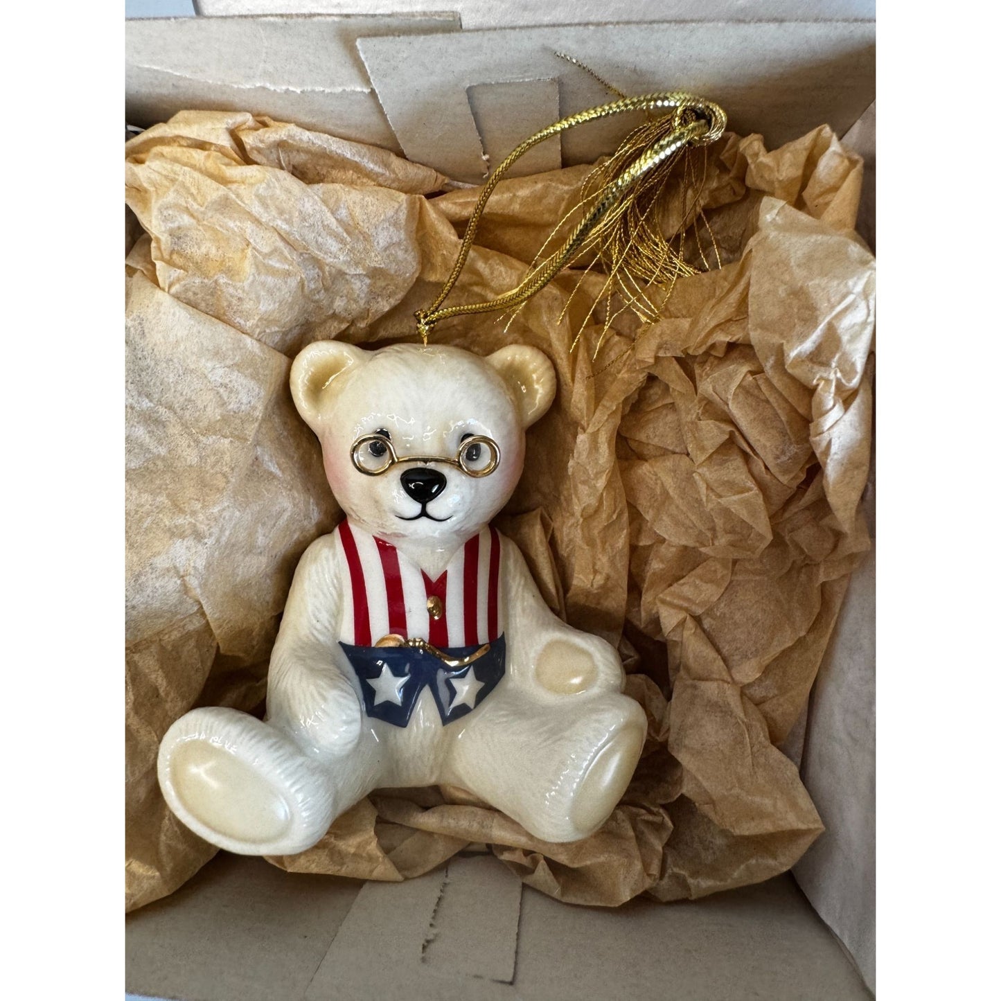 Brandys Teddy 96 Patriotic Bear Ornament Beige Ceramic With Glasses & Box