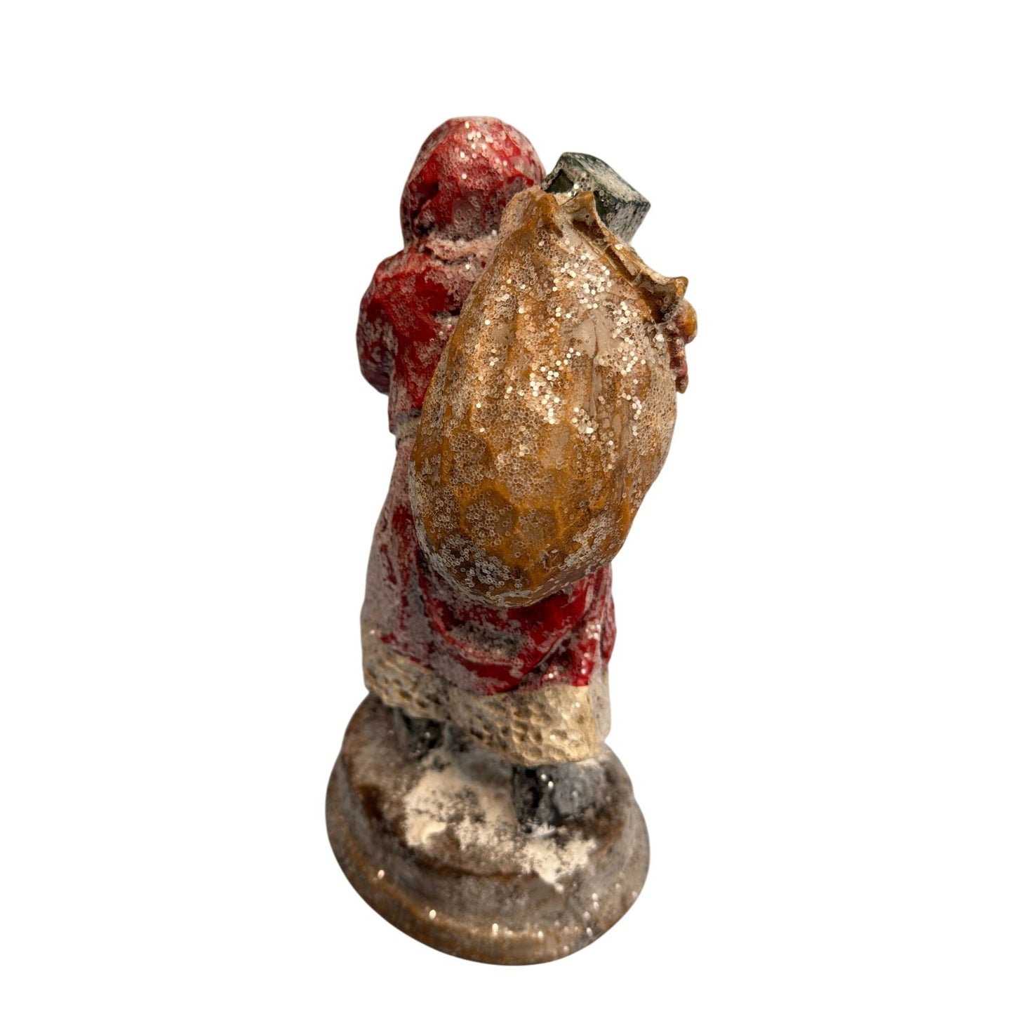 Hand-Carved Vintage Santa Claus Figurine With Sack Of Toys & Glitter Finish