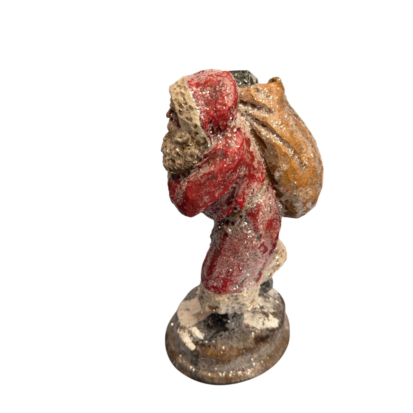 Hand-Carved Vintage Santa Claus Figurine With Sack Of Toys & Glitter Finish