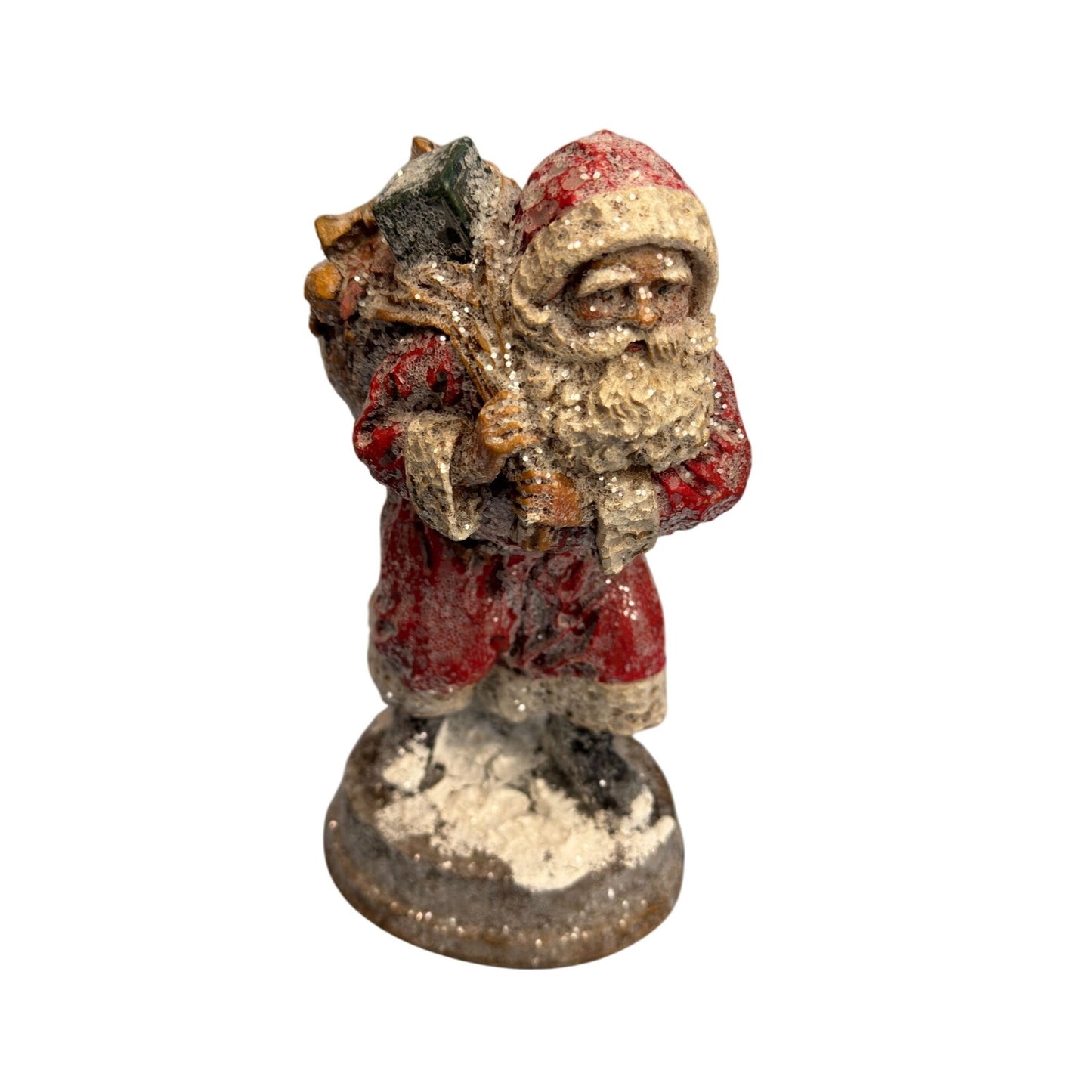 Hand-Carved Vintage Santa Claus Figurine With Sack Of Toys & Glitter Finish
